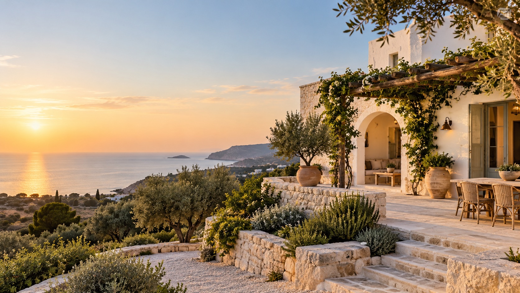 Dimora mediterranea dimostrativa al tramonto